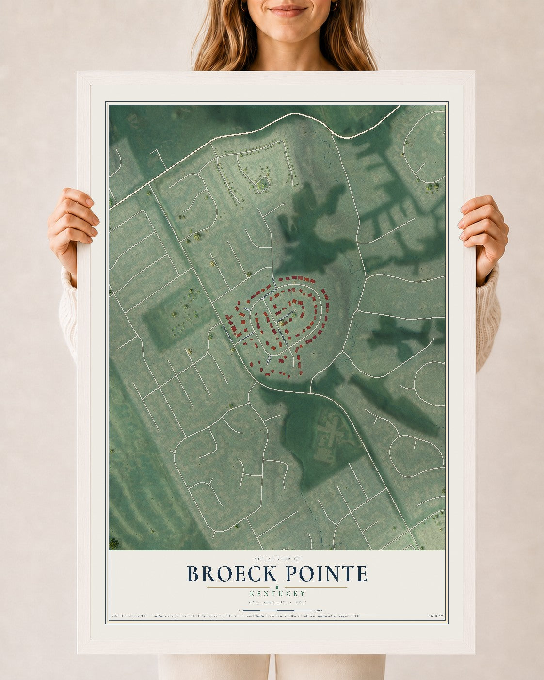 Map of Broeck Pointe, Kentucky, 24 x 36 inch print in a white wood frame