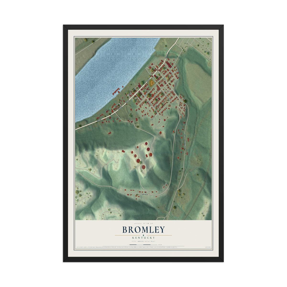Map of Bromley, Kentucky, 12 x 18 inch print in a black wood frame