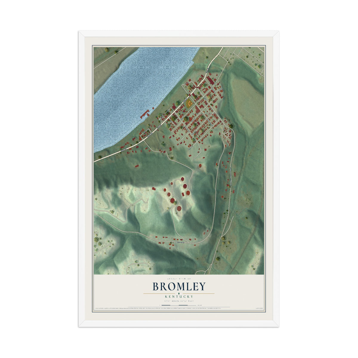 Map of Bromley, Kentucky, 12 x 18 inch print in a white wood frame