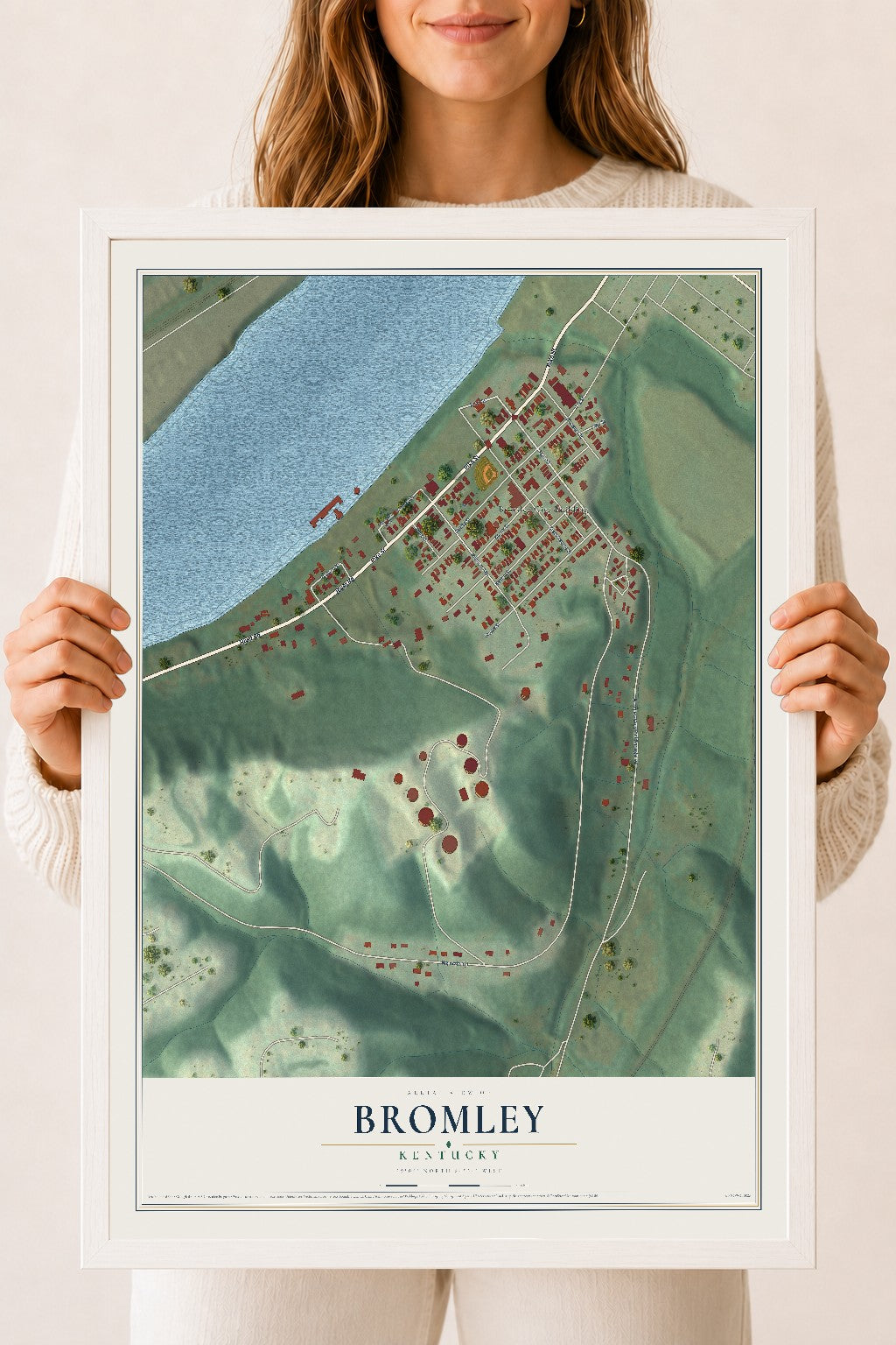 Map of Bromley, Kentucky, 18 x 24 inch print in a white wood frame