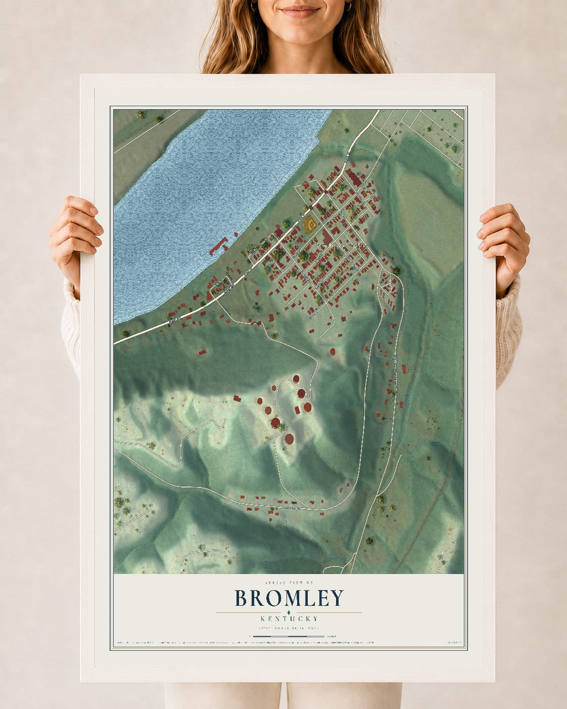 Map of Bromley, Kentucky, 24 x 36 inch print in a white wood frame