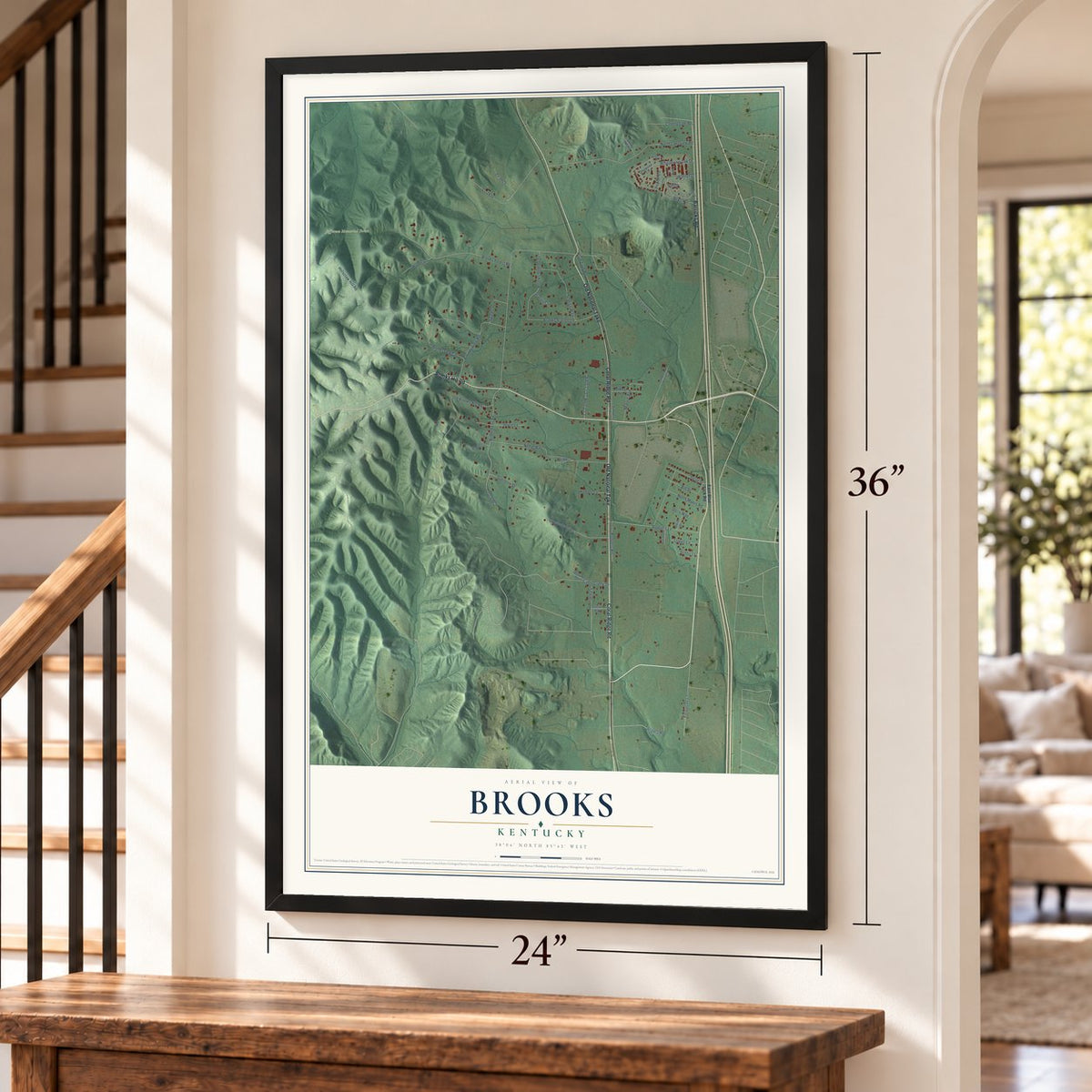 Brooks, Kentucky map, 24 x 36 inch print in a black frame by a staircase