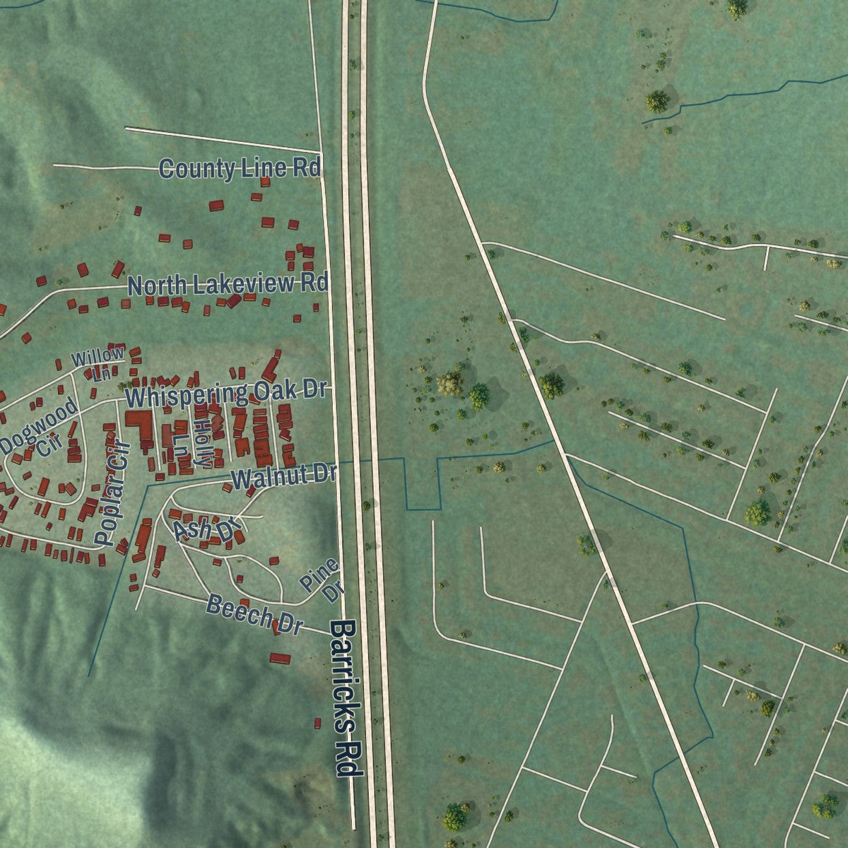 Close-up of the map of Brooks, Kentucky print showing street and building detail