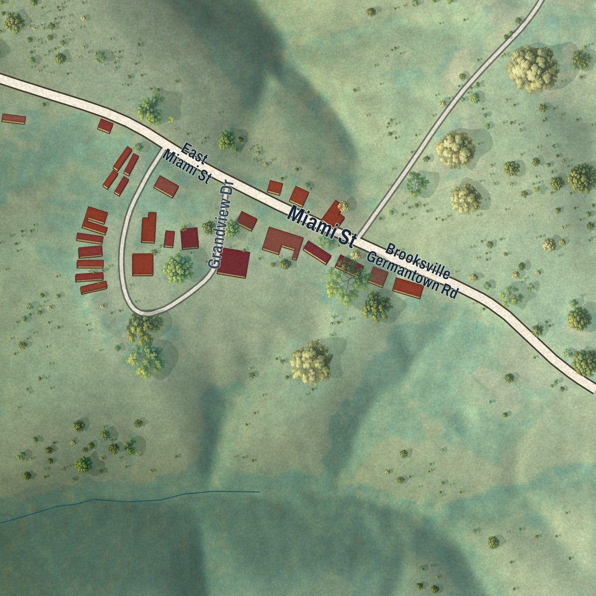 Second close-up of the map of Brooksville, Kentucky print showing more streets and buildings