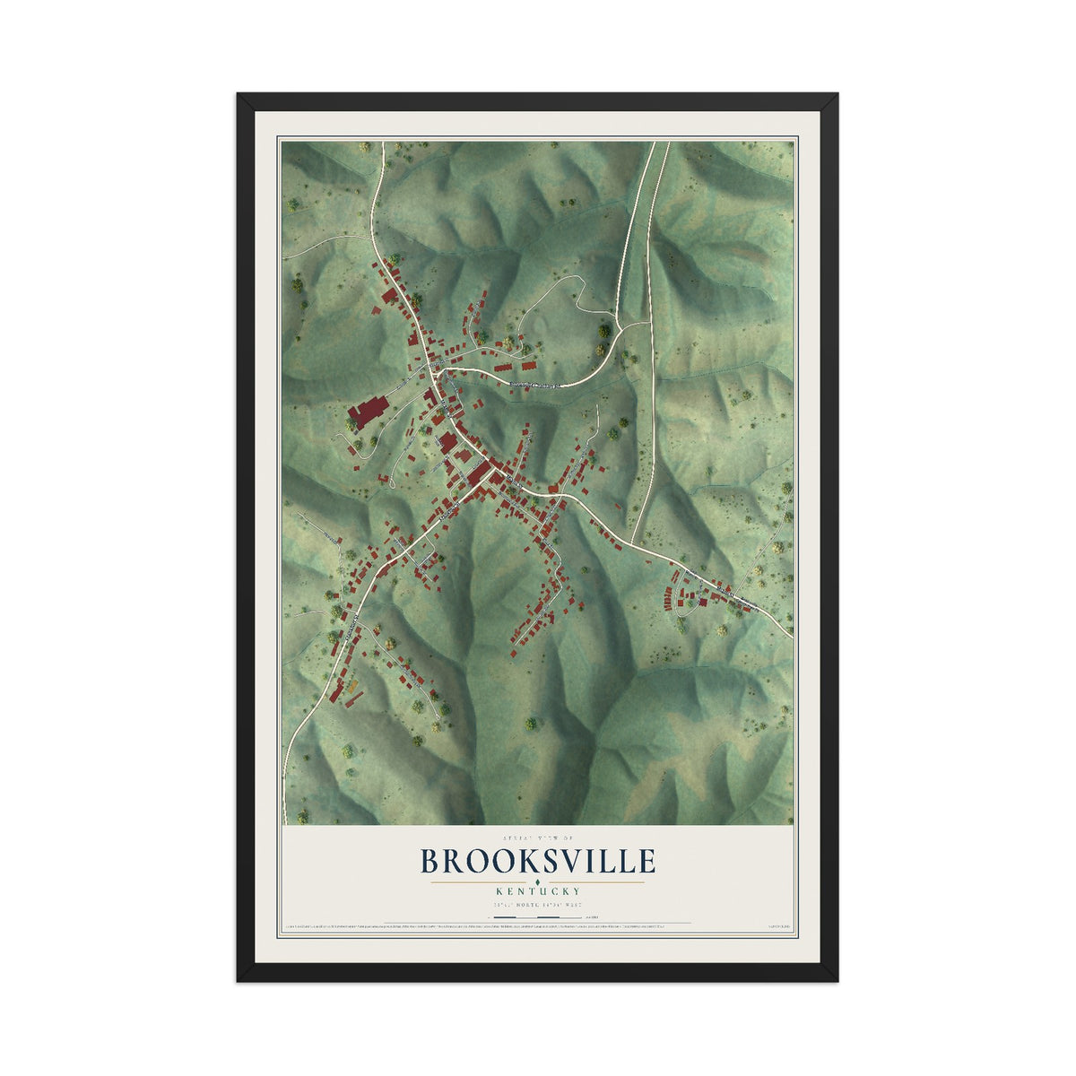 Map of Brooksville, Kentucky, 12 x 18 inch print in a black wood frame