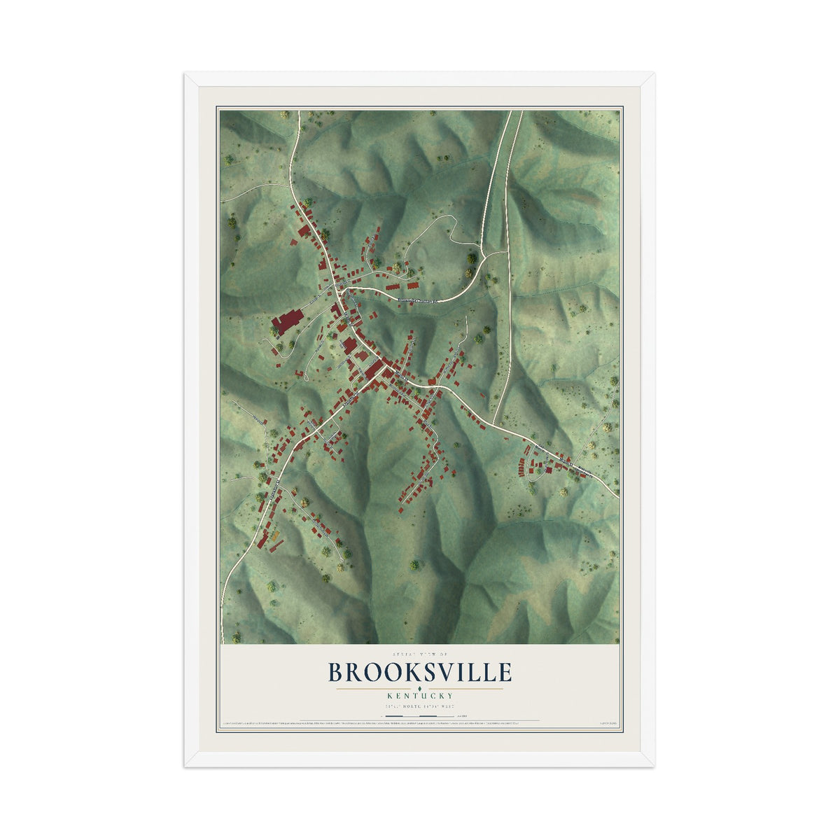 Map of Brooksville, Kentucky, 12 x 18 inch print in a white wood frame