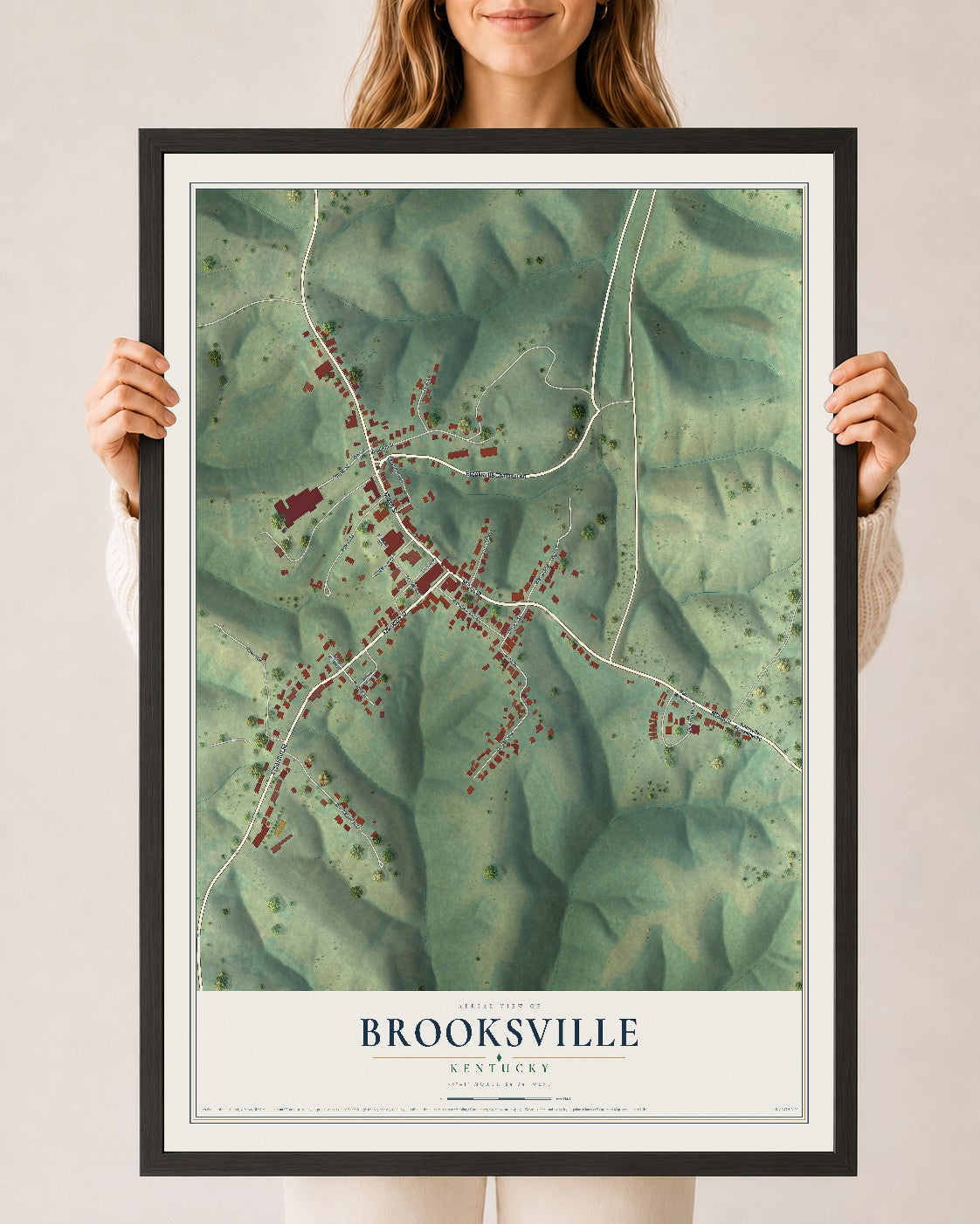 Map of Brooksville, Kentucky, 24 x 36 inch print in a black wood frame
