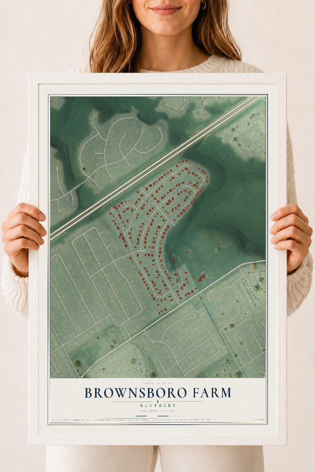 Map of Brownsboro Farm, Kentucky, 18 x 24 inch print in a white wood frame