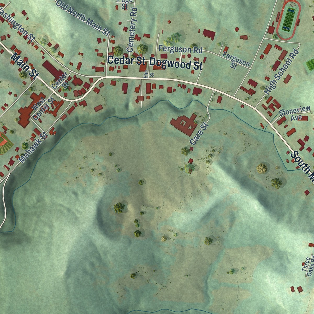 Close-up of the map of Brownsville, Kentucky print showing street and building detail