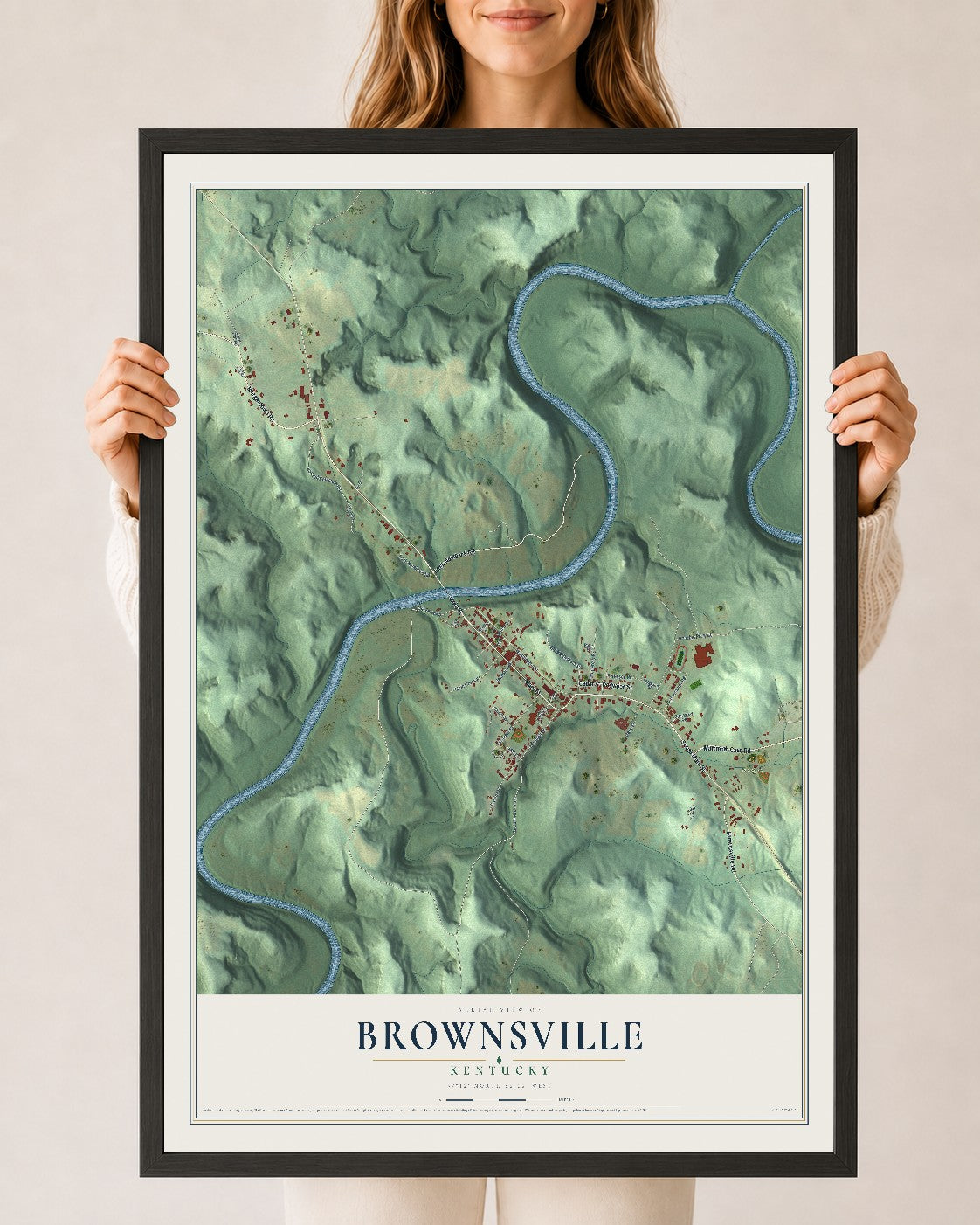 Map of Brownsville, Kentucky, 24 x 36 inch print in a black wood frame