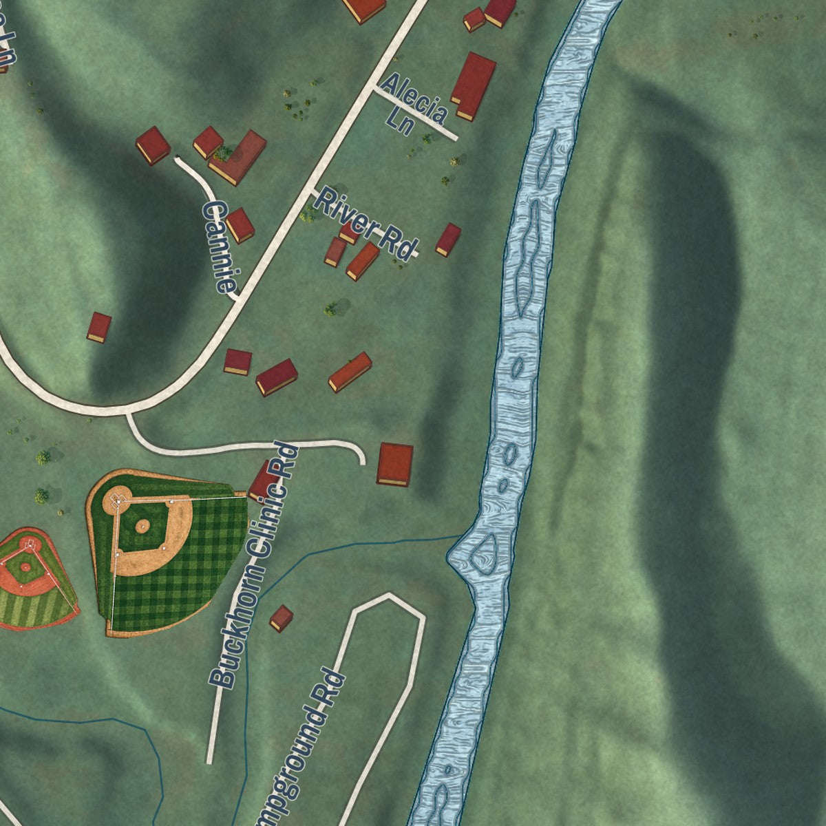 Second close-up of the map of Buckhorn, Kentucky print showing more streets and buildings