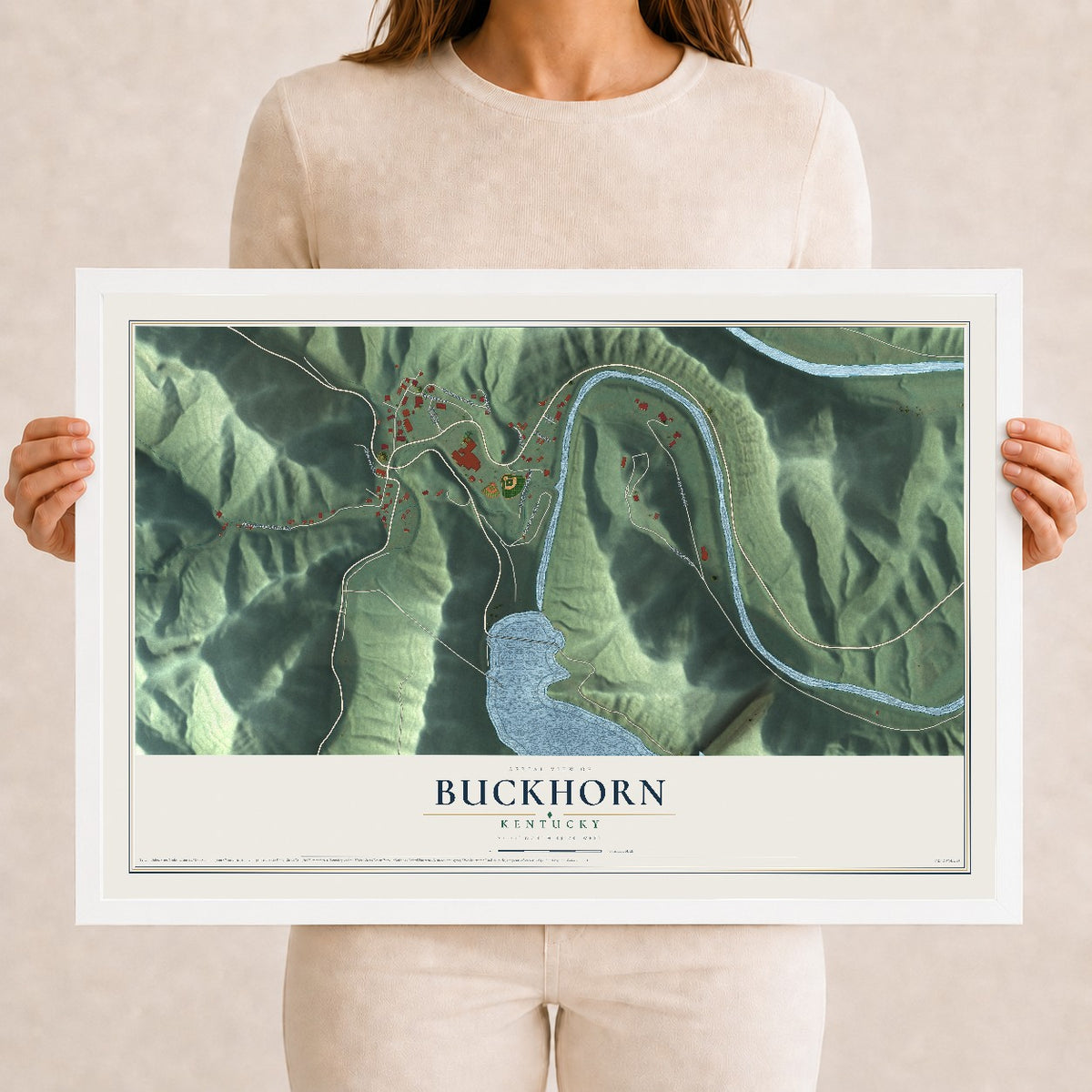 Map of Buckhorn, Kentucky, 12 x 18 inch print in a white wood frame