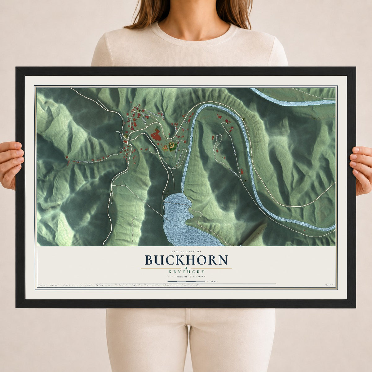 Map of Buckhorn, Kentucky, 18 x 24 inch print in a black wood frame