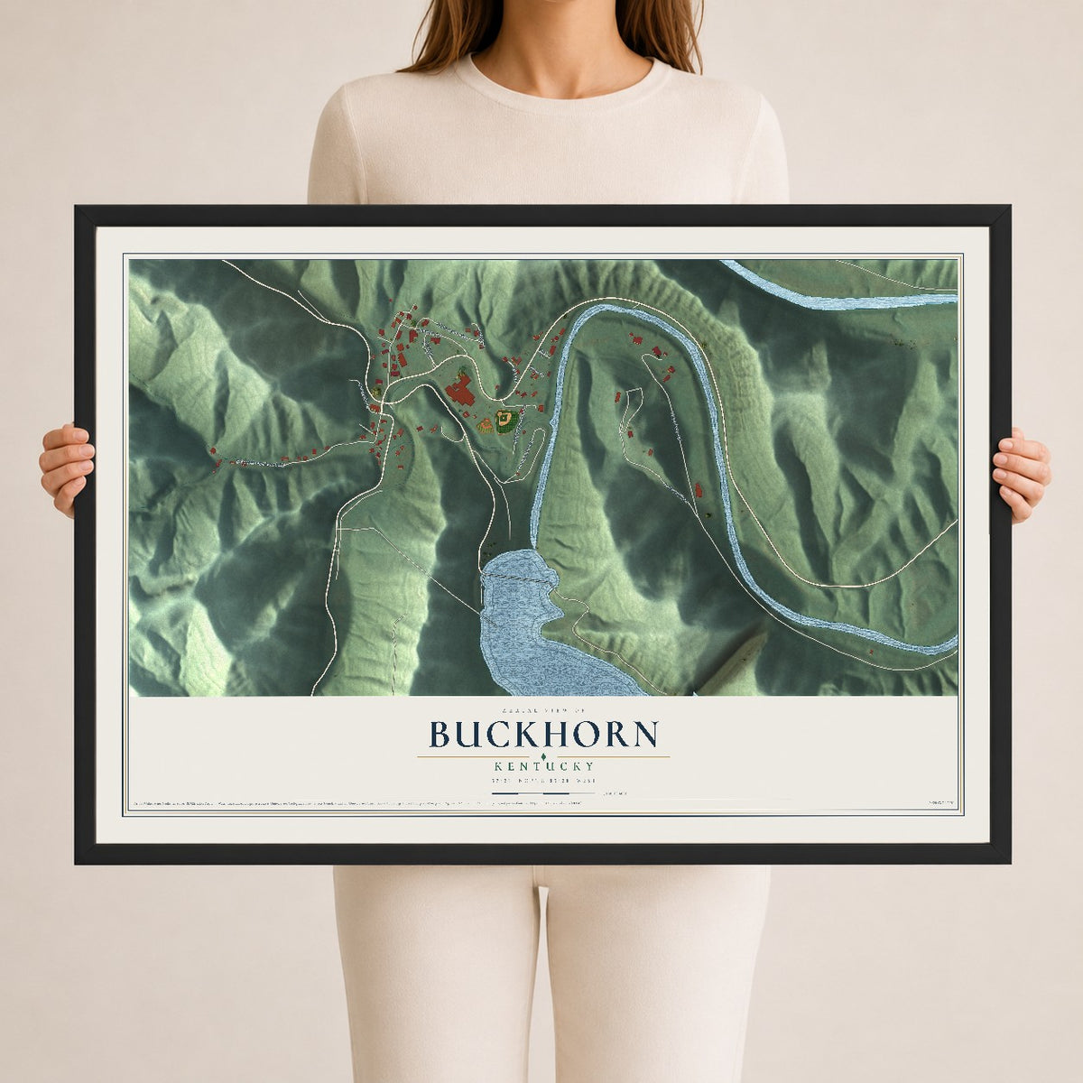 Map of Buckhorn, Kentucky, 24 x 36 inch print in a black wood frame