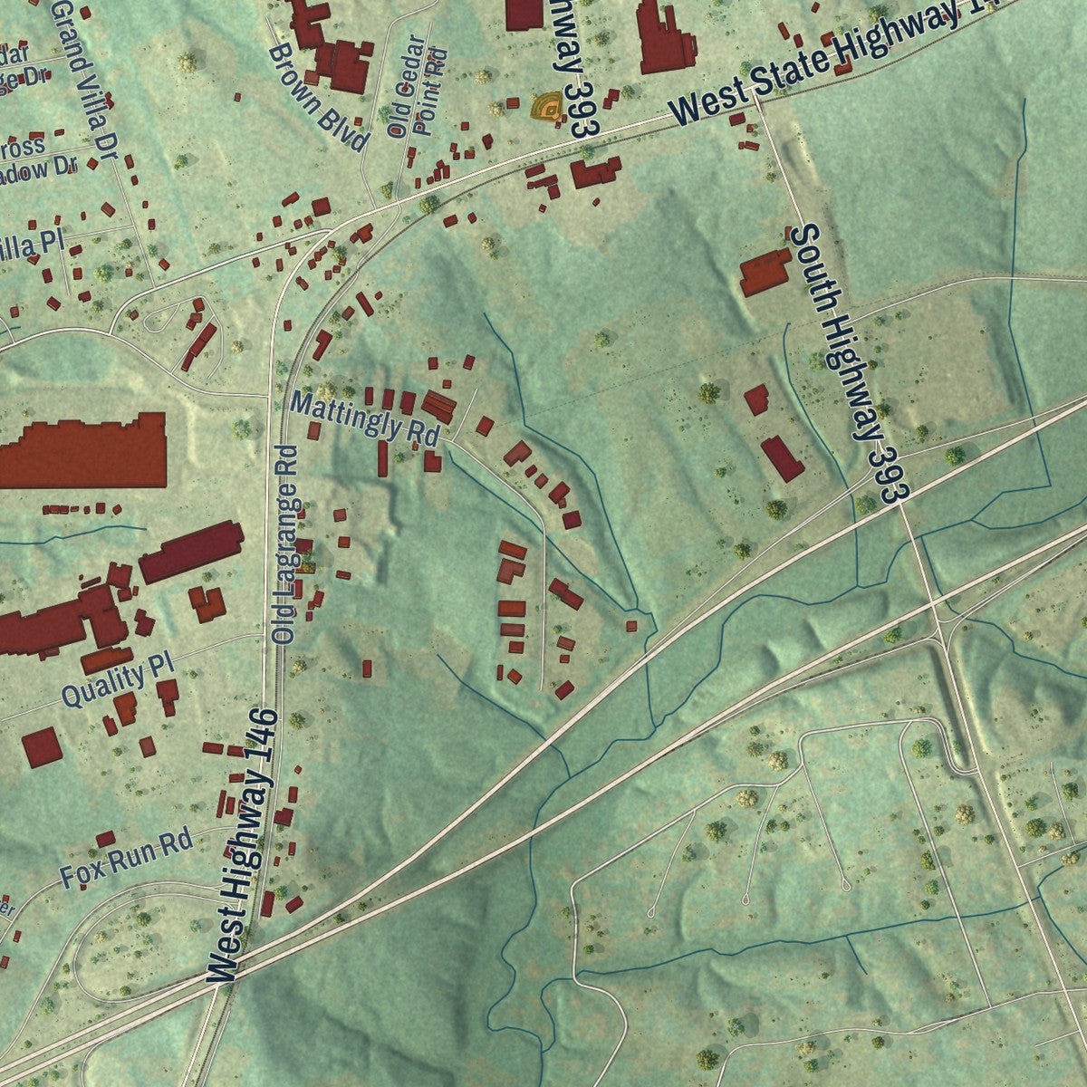 Close-up of the map of Buckner, Kentucky print showing street and building detail