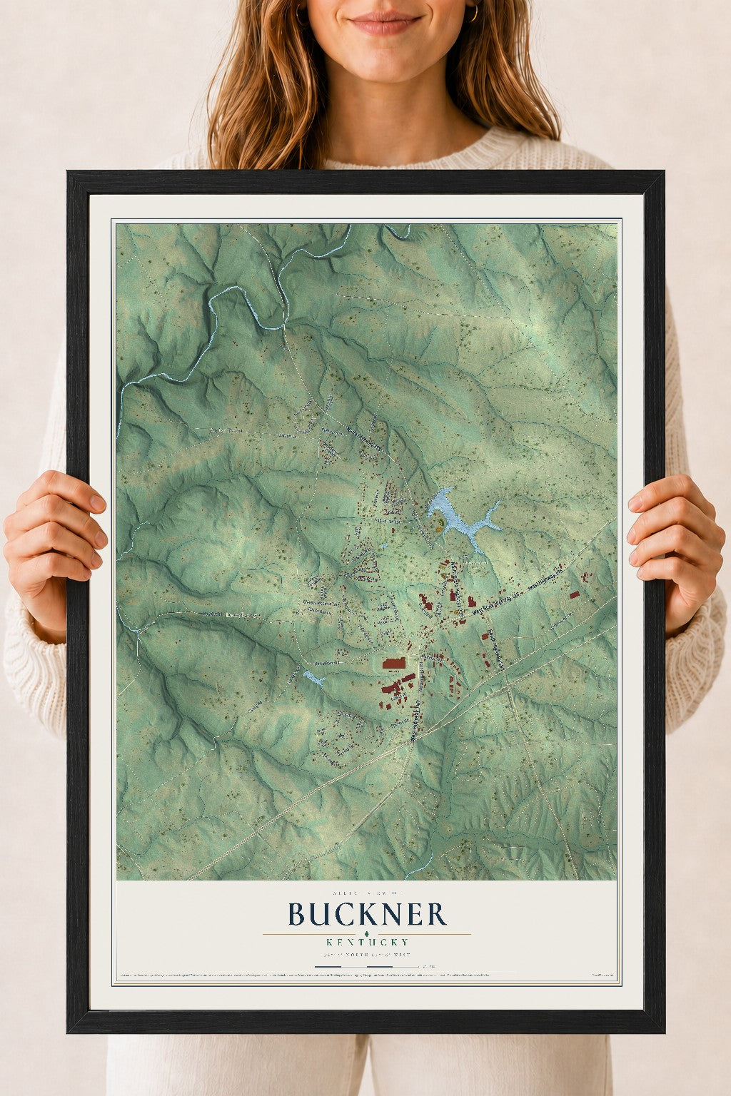 Map of Buckner, Kentucky, 18 x 24 inch print in a black wood frame
