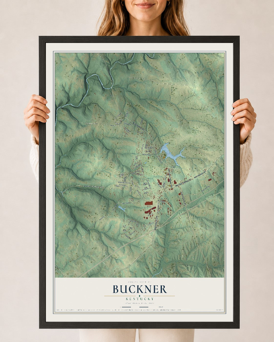 Map of Buckner, Kentucky, 24 x 36 inch print in a black wood frame