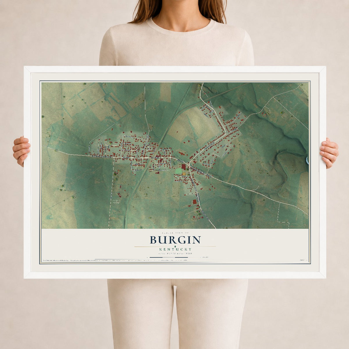 Map of Burgin, Kentucky, 24 x 36 inch print in a white wood frame