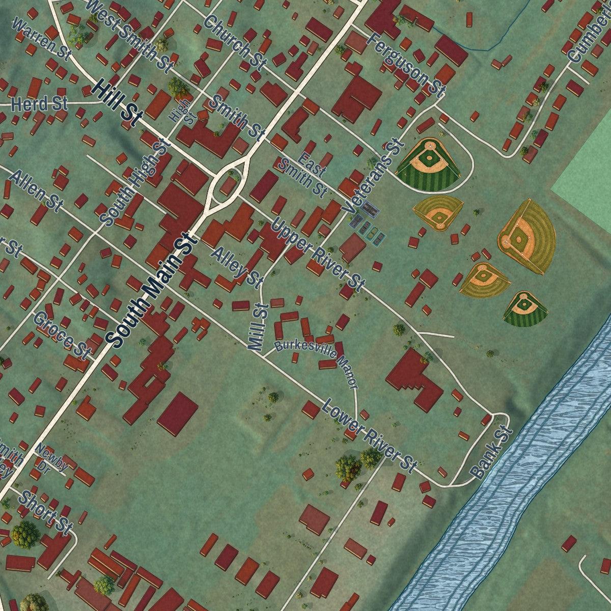 Close-up of the map of Burkesville, Kentucky print showing street and building detail