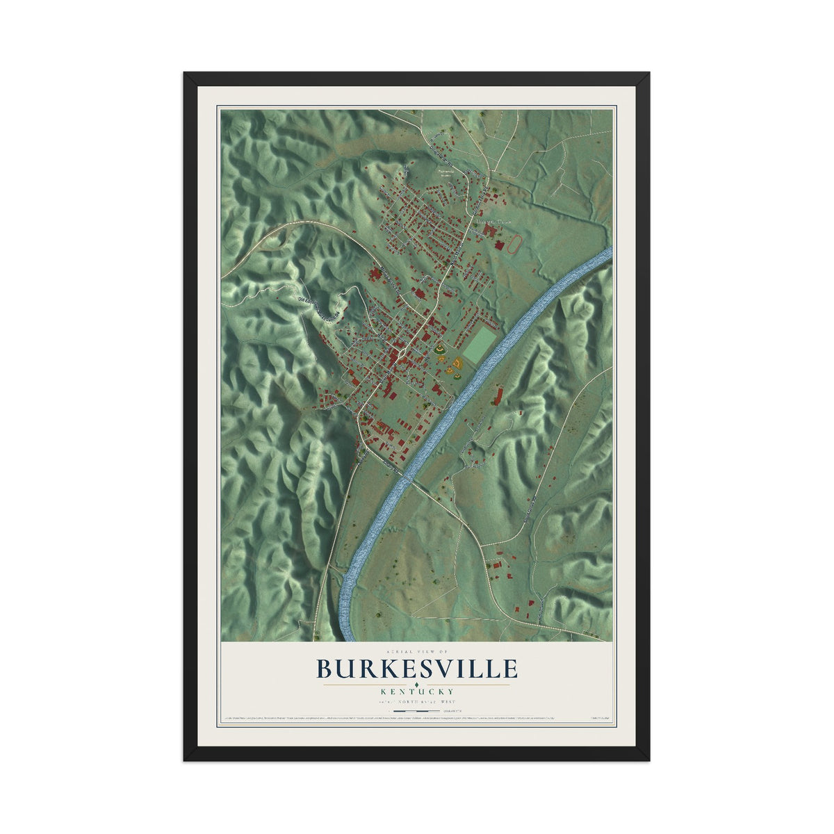 Map of Burkesville, Kentucky, 12 x 18 inch print in a black wood frame