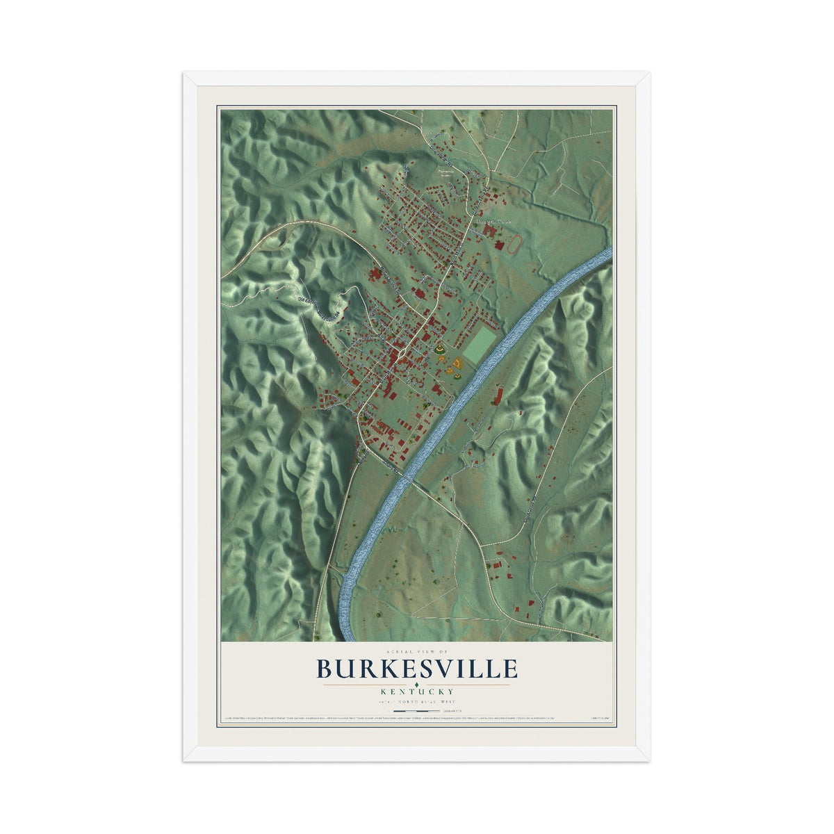 Map of Burkesville, Kentucky, 12 x 18 inch print in a white wood frame