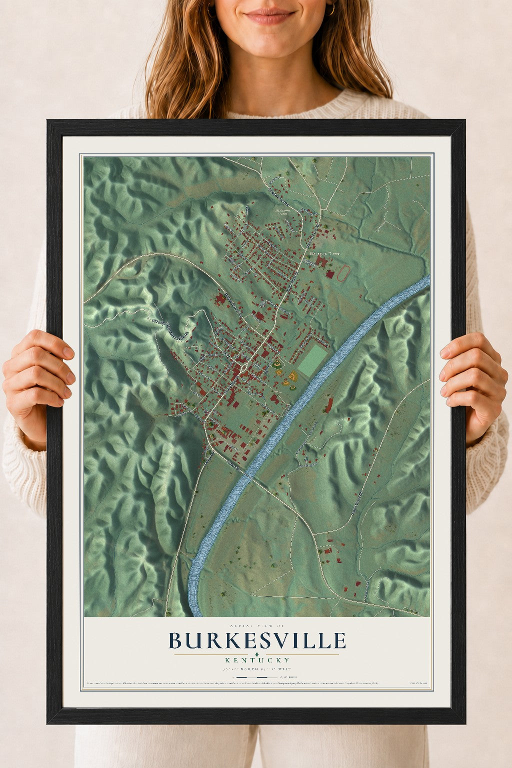 Map of Burkesville, Kentucky, 18 x 24 inch print in a black wood frame