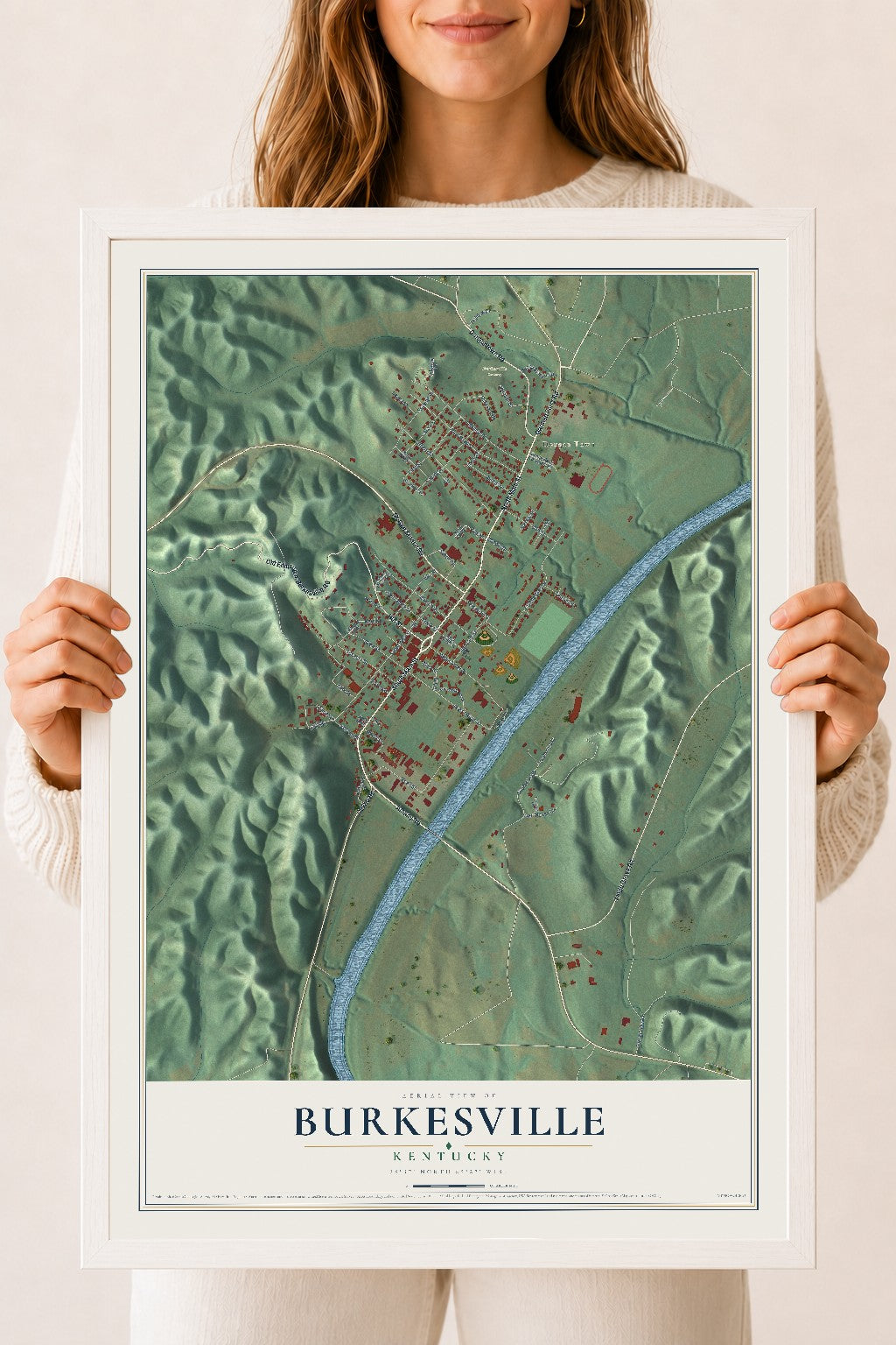 Map of Burkesville, Kentucky, 18 x 24 inch print in a white wood frame