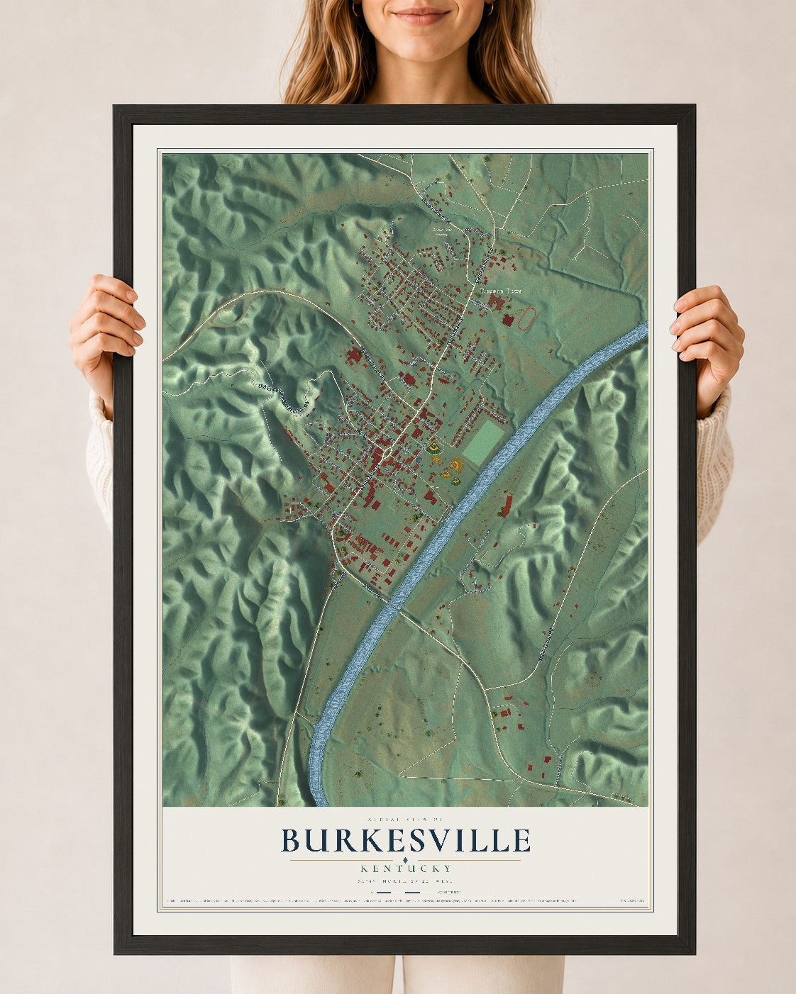 Map of Burkesville, Kentucky, 24 x 36 inch print in a black wood frame