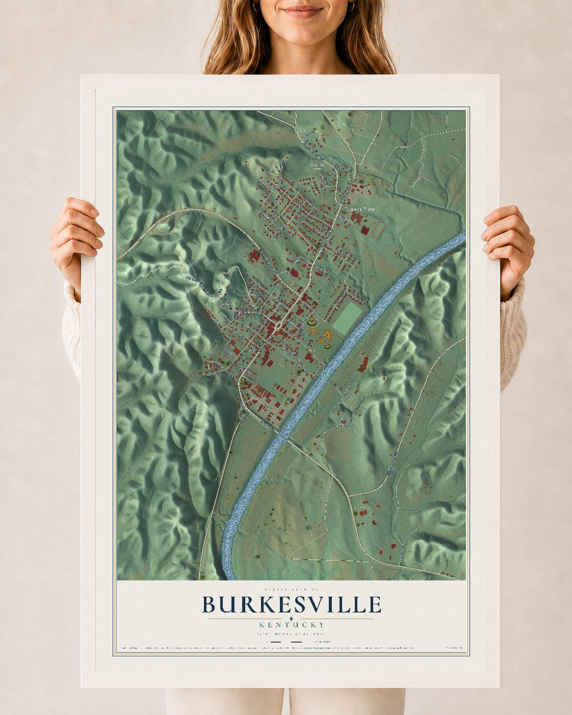 Map of Burkesville, Kentucky, 24 x 36 inch print in a white wood frame