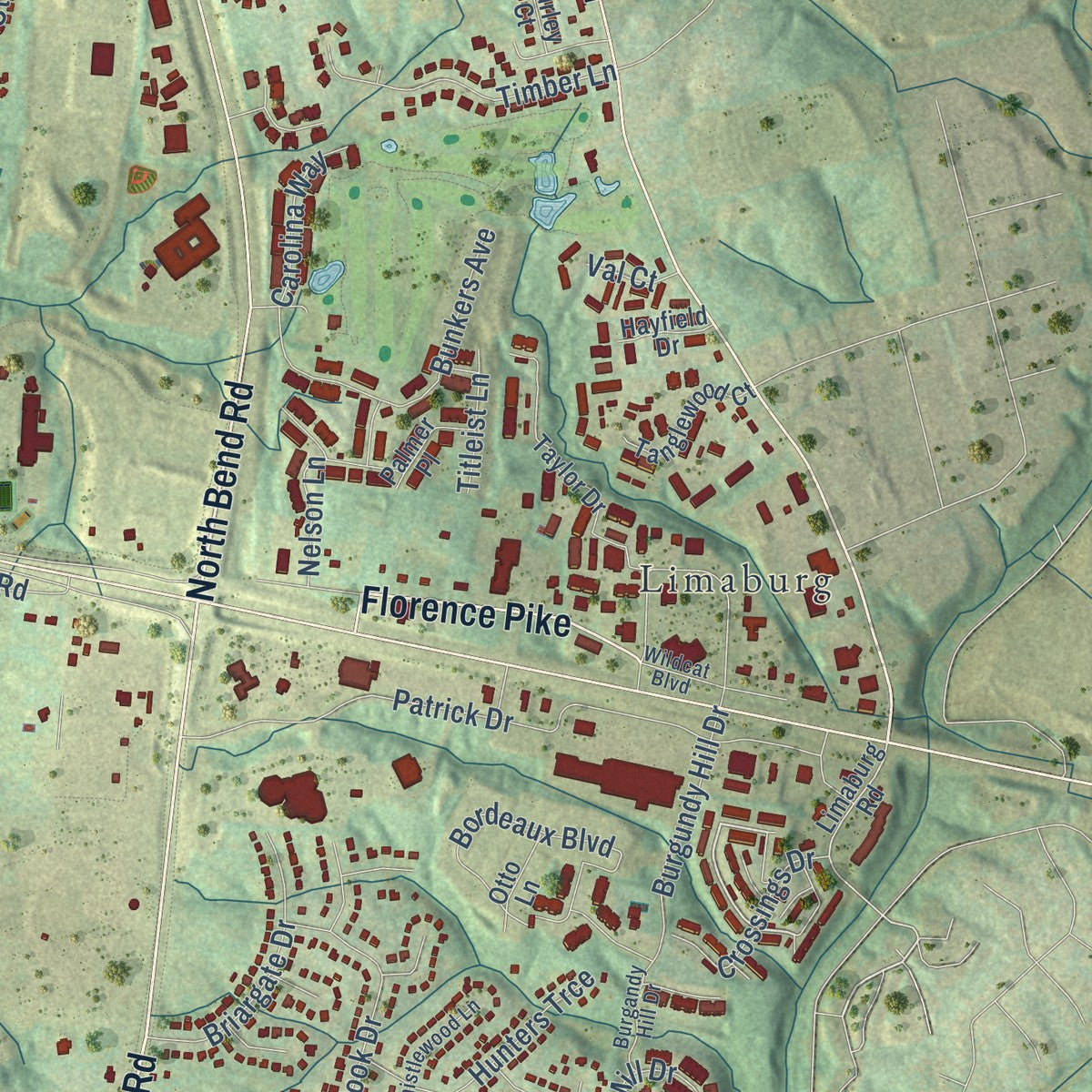 Second close-up of the map of Burlington, Kentucky print showing more streets and buildings