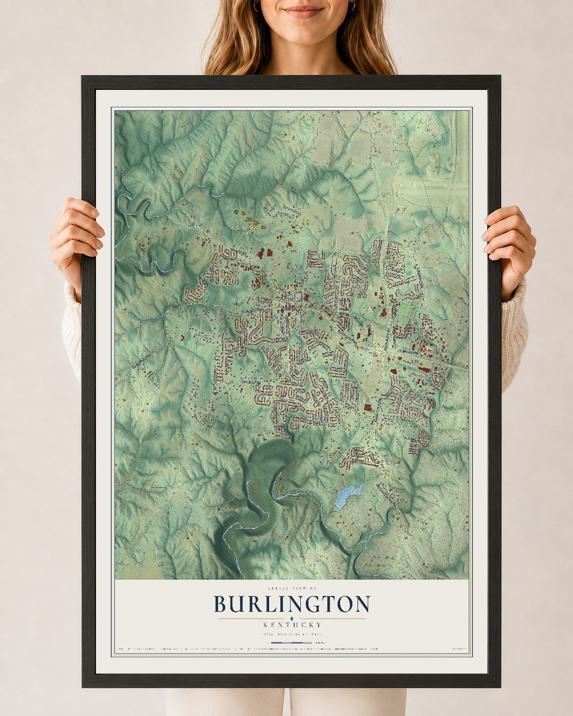 Map of Burlington, Kentucky, 24 x 36 inch print in a black wood frame