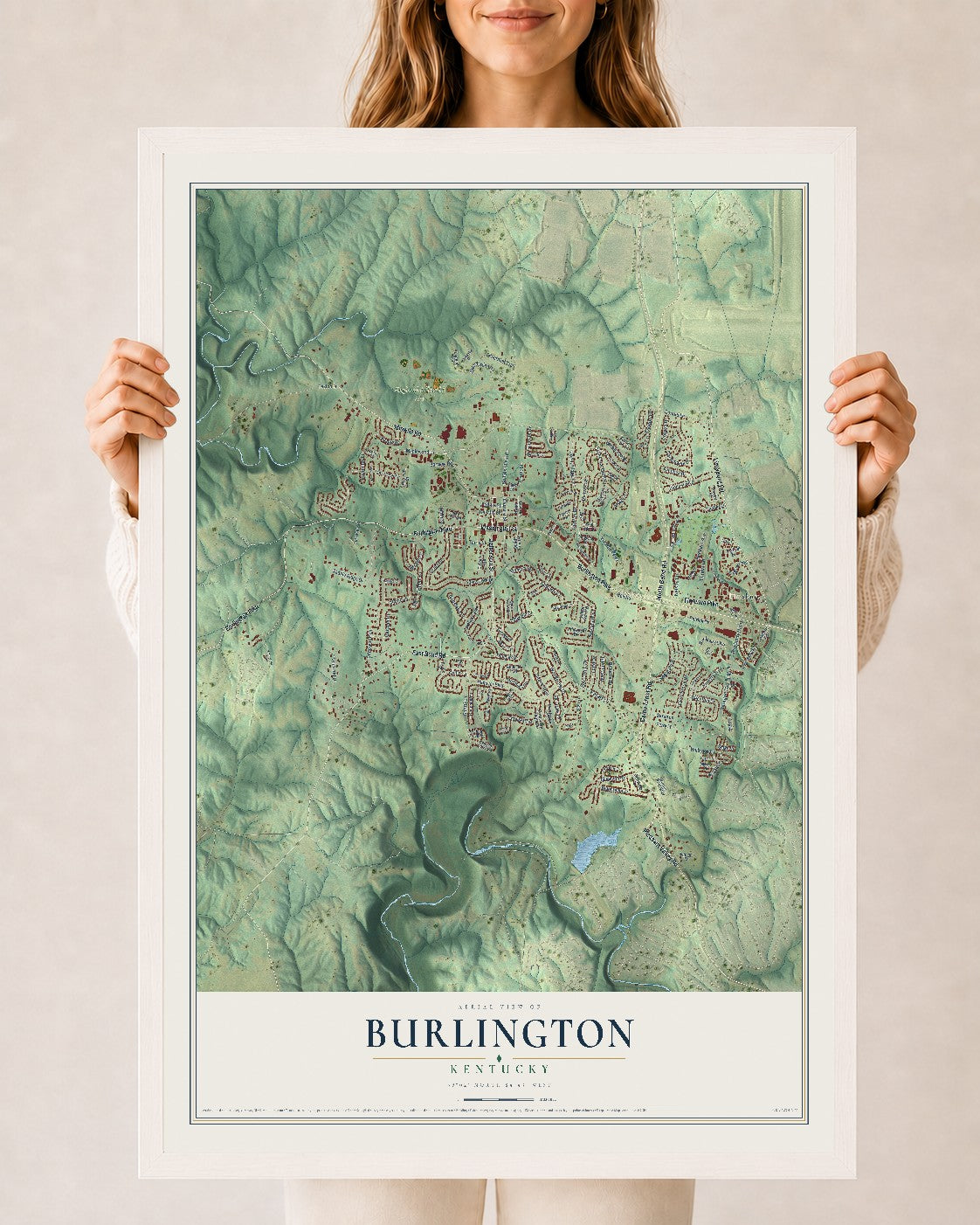 Map of Burlington, Kentucky, 24 x 36 inch print in a white wood frame