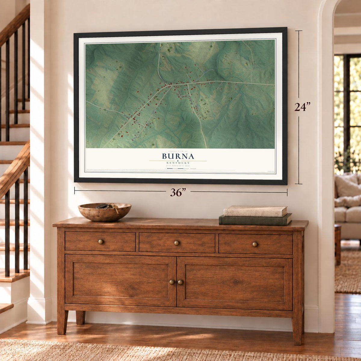 Burna, Kentucky map, 24 x 36 inch print in a black frame above a dresser by a staircase