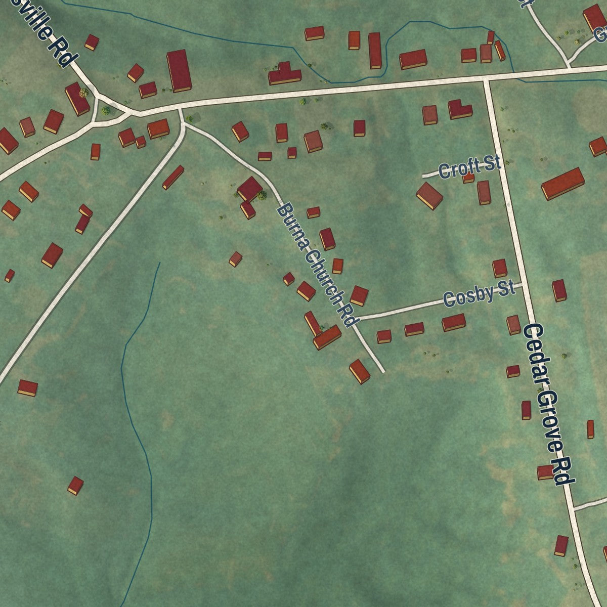 Close-up of the map of Burna, Kentucky print showing street and building detail