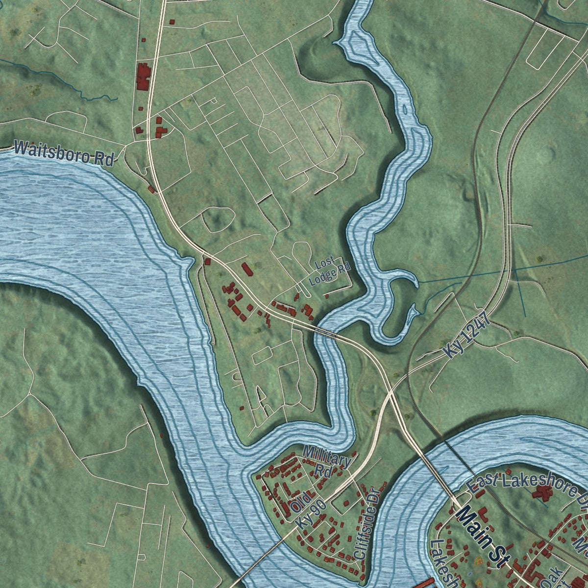 Close-up of the map of Burnside, Kentucky print showing street and building detail