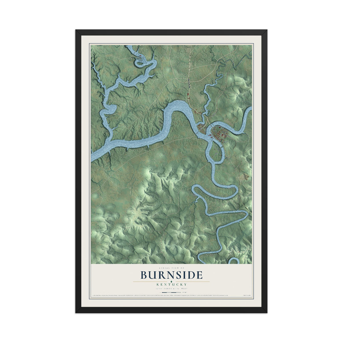 Map of Burnside, Kentucky, 12 x 18 inch print in a black wood frame