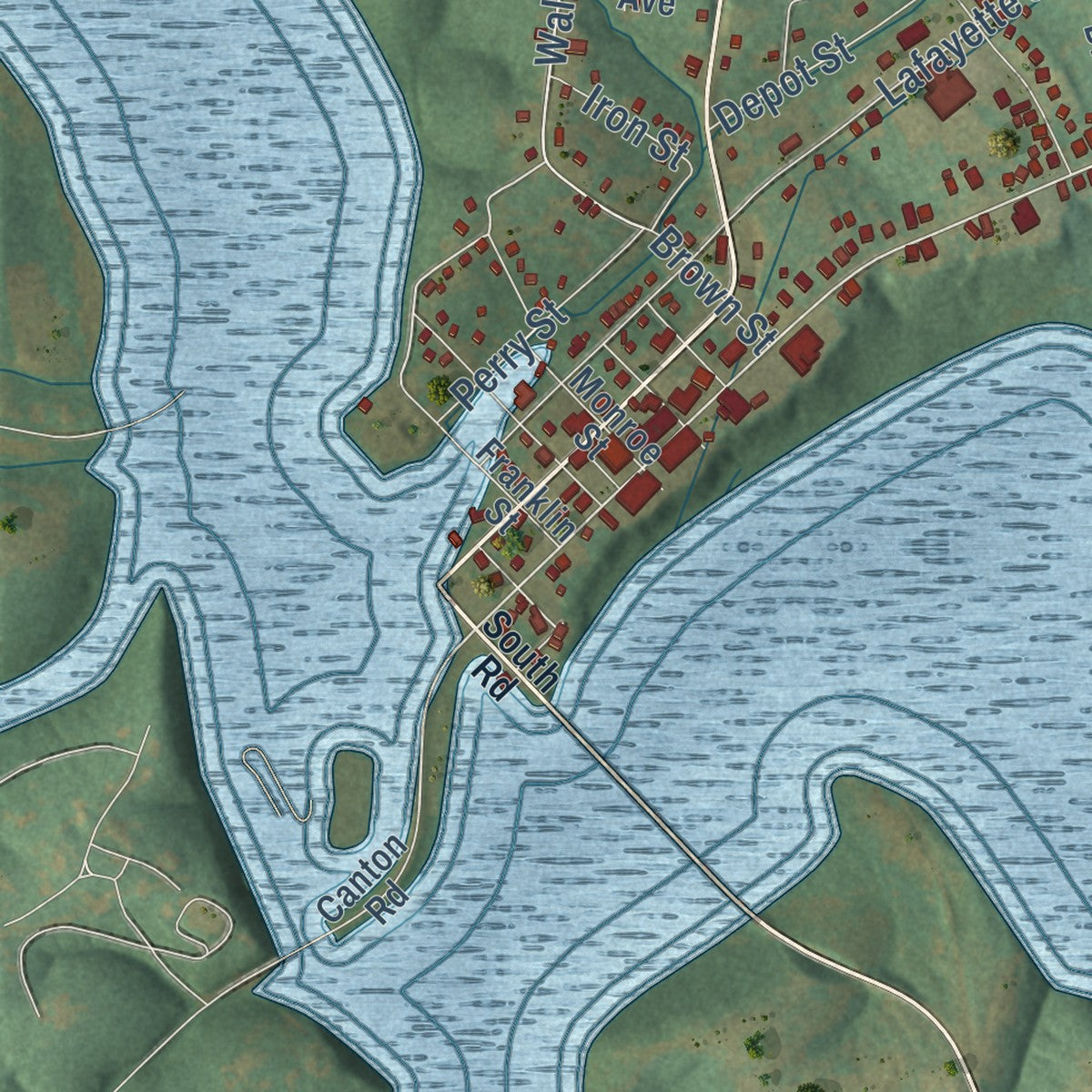 Close-up of the map of Cadiz, Kentucky print showing street and building detail