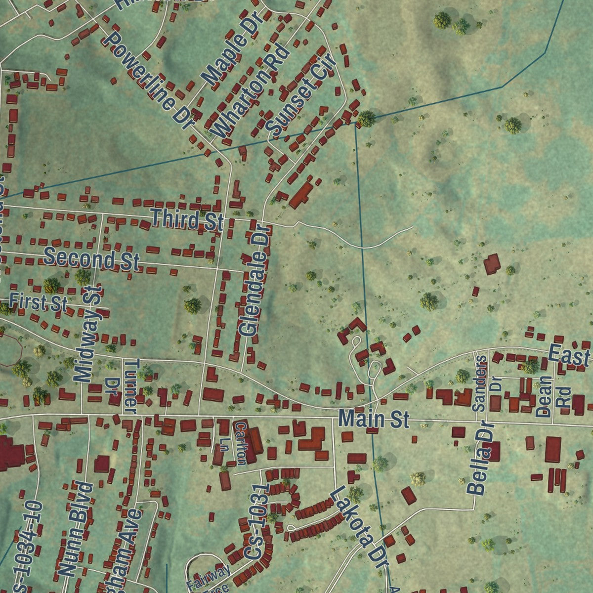 Second close-up of the map of Cadiz, Kentucky print showing more streets and buildings