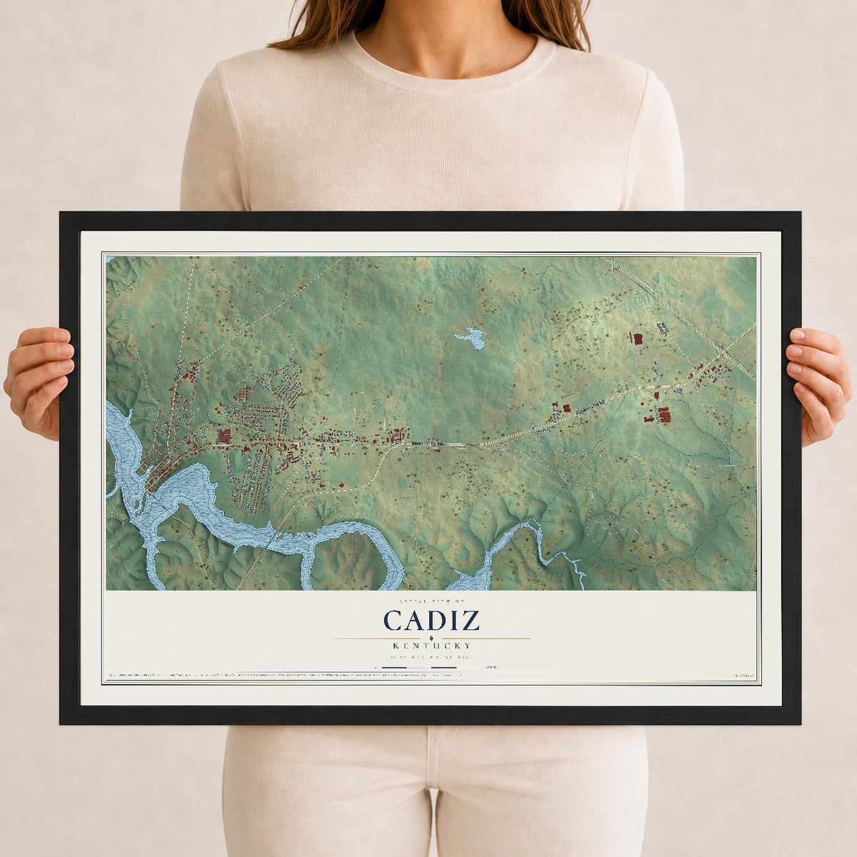 Map of Cadiz, Kentucky, 12 x 18 inch print in a black wood frame