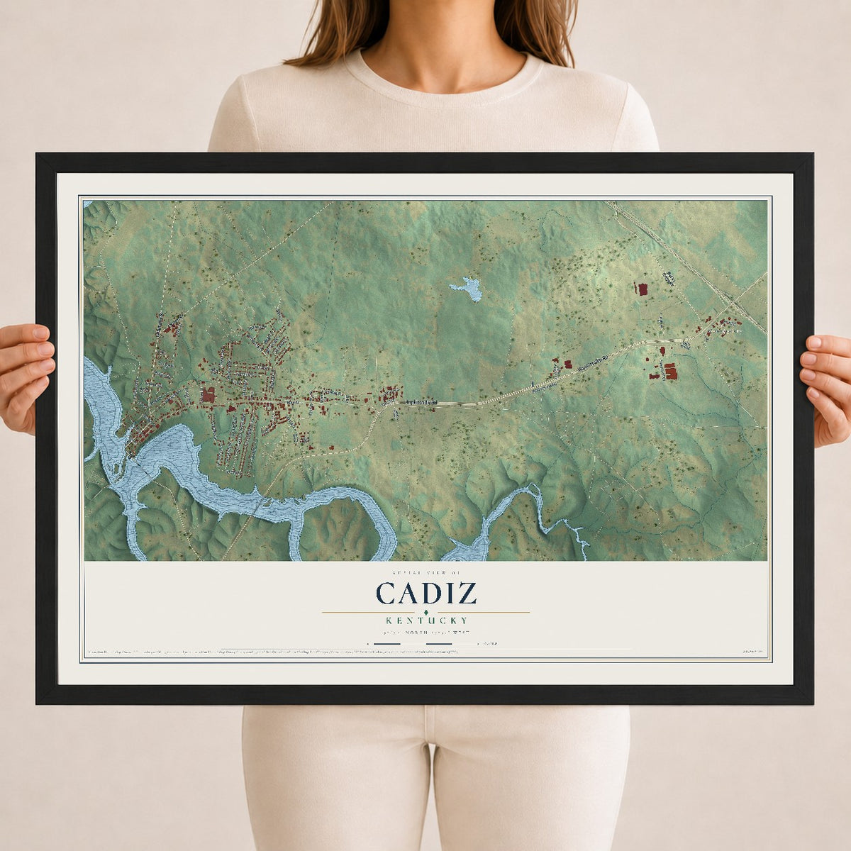 Map of Cadiz, Kentucky, 18 x 24 inch print in a black wood frame