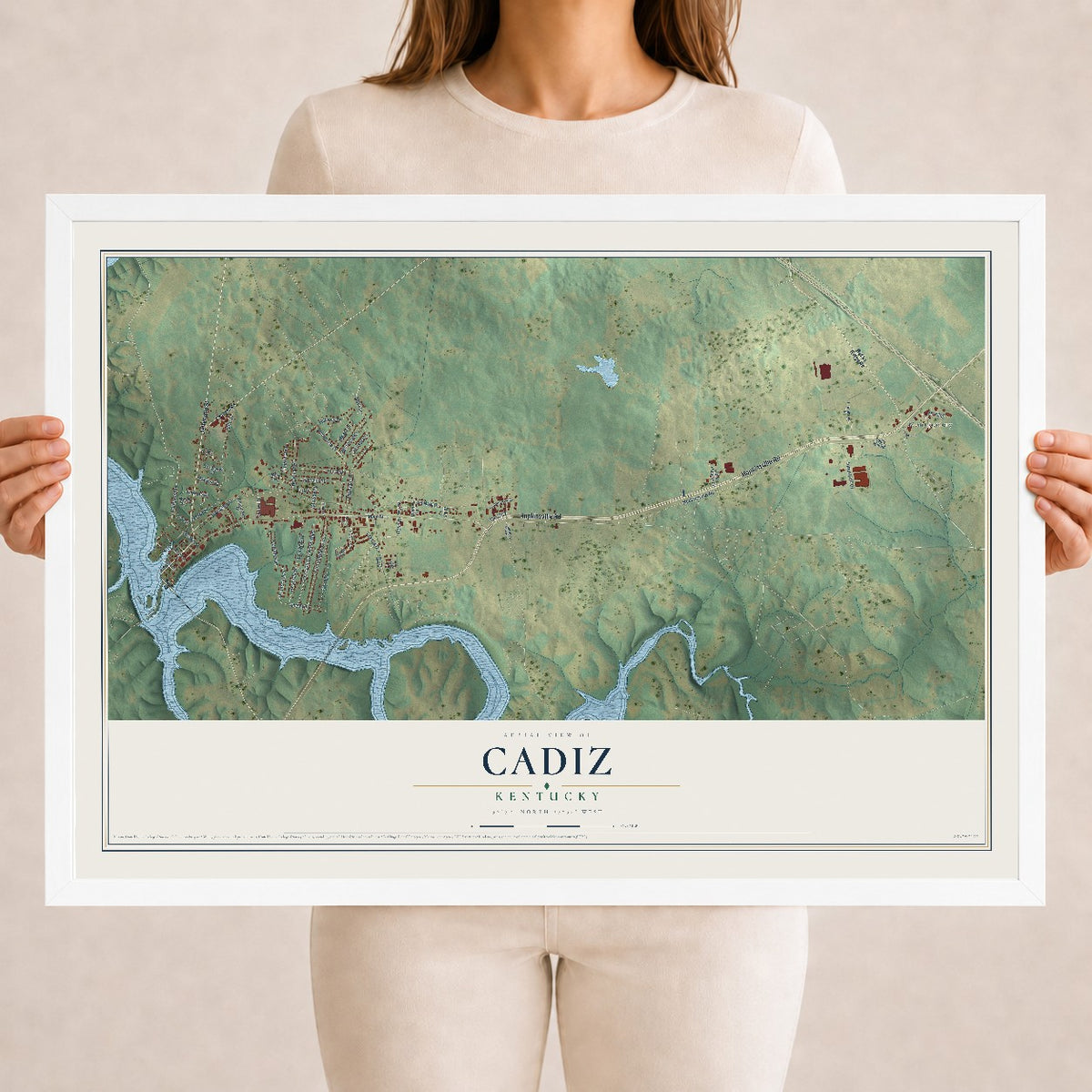 Map of Cadiz, Kentucky, 18 x 24 inch print in a white wood frame