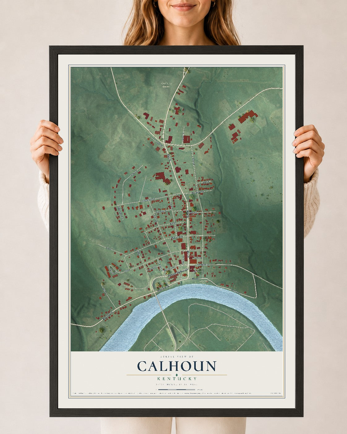 Map of Calhoun, Kentucky, 24 x 36 inch print in a black wood frame