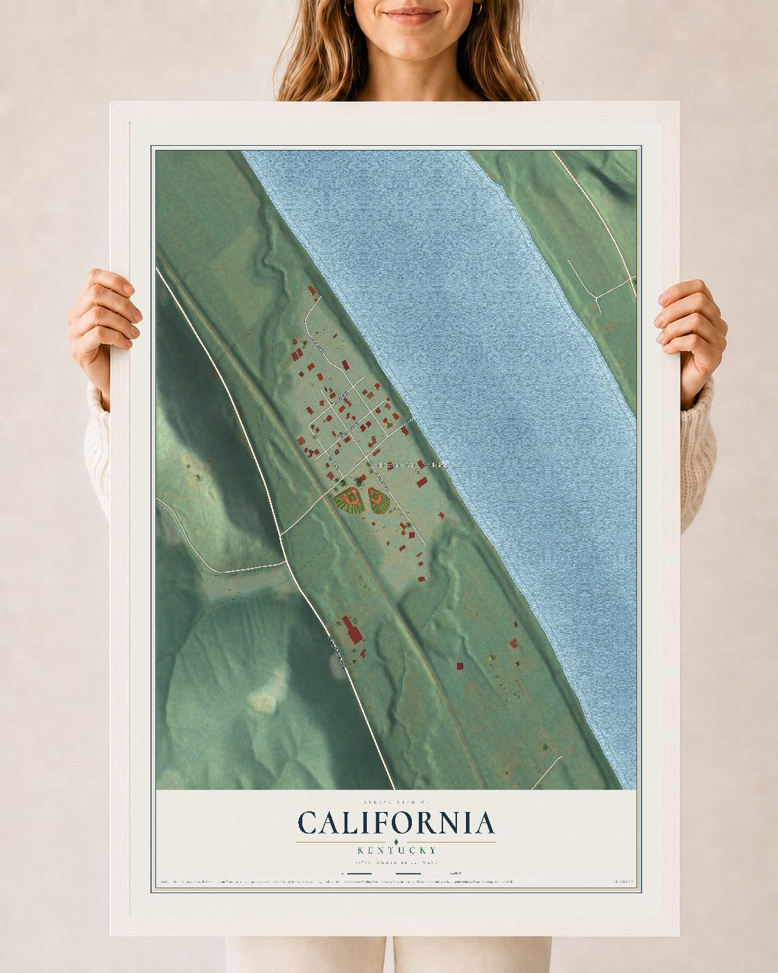 Map of California, Kentucky, 24 x 36 inch print in a white wood frame