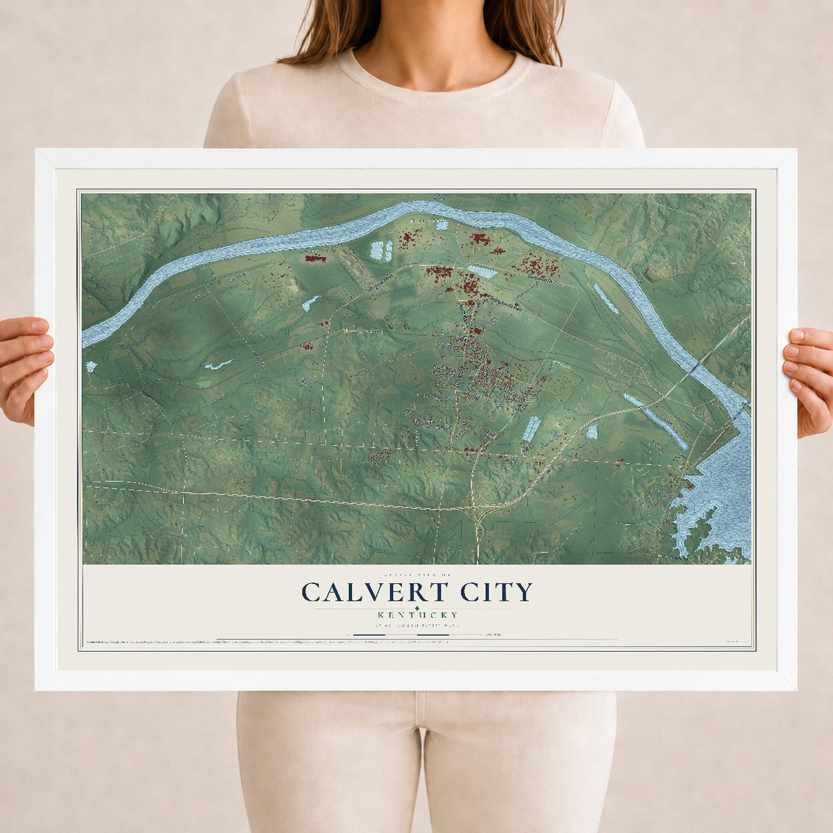 Map of Calvert City, Kentucky, 18 x 24 inch print in a white wood frame