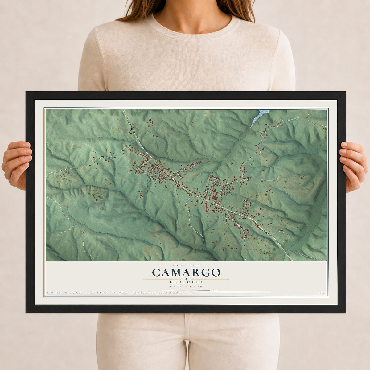 Map of Camargo, Kentucky, 12 x 18 inch print in a black wood frame