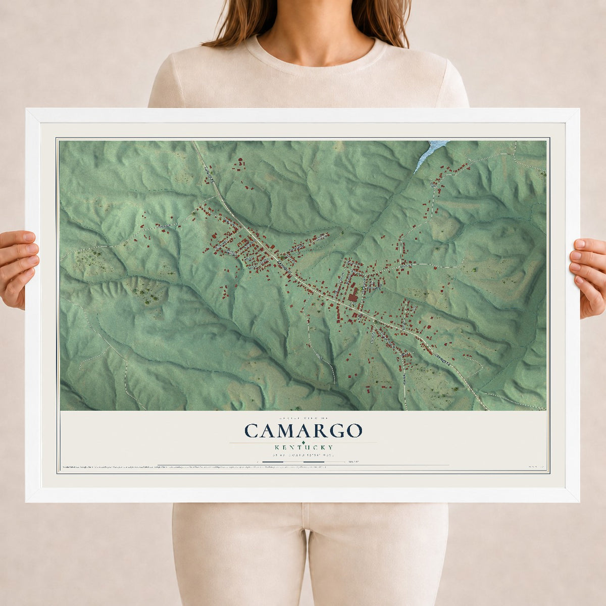 Map of Camargo, Kentucky, 18 x 24 inch print in a white wood frame