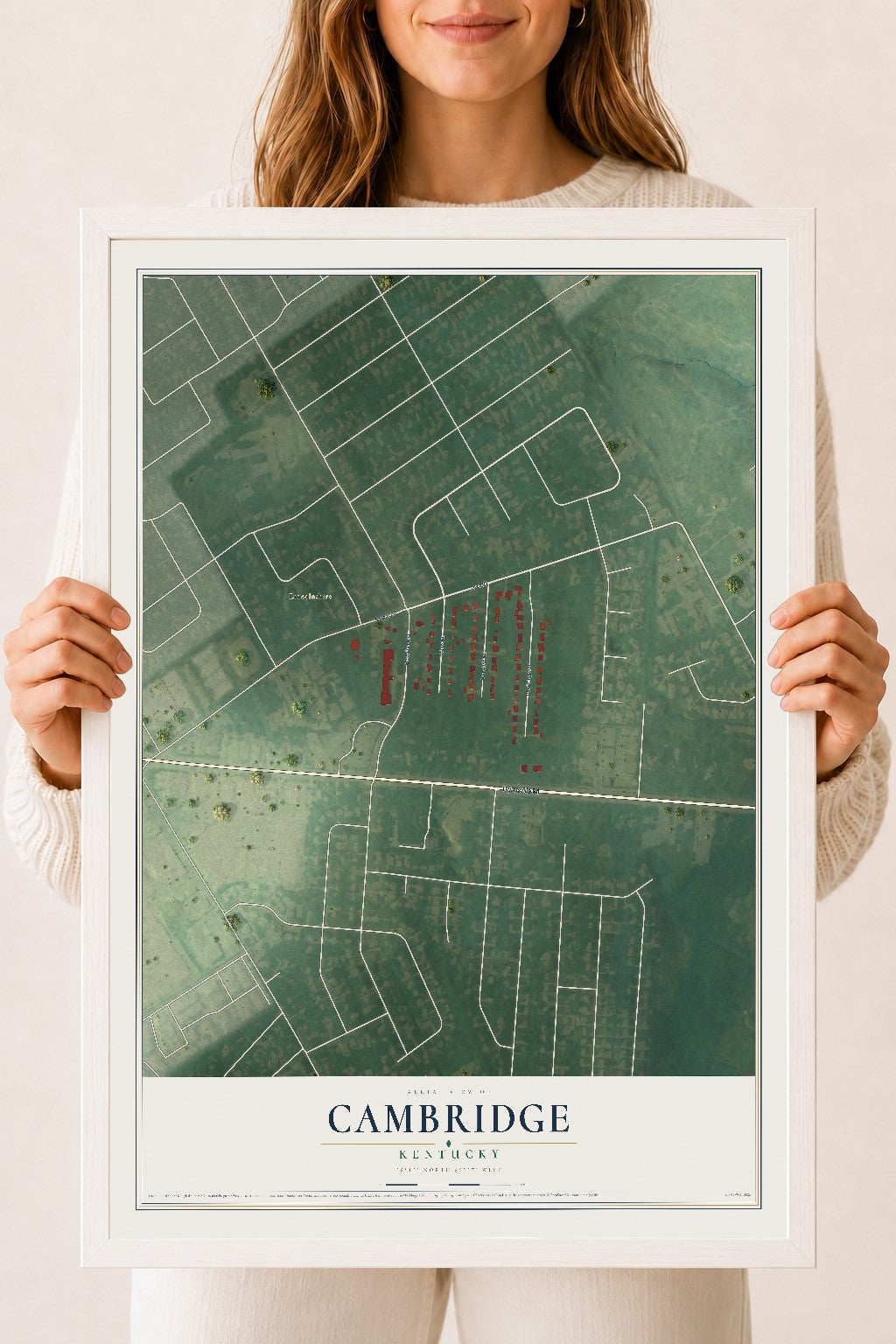 Map of Cambridge, Kentucky, 18 x 24 inch print in a white wood frame