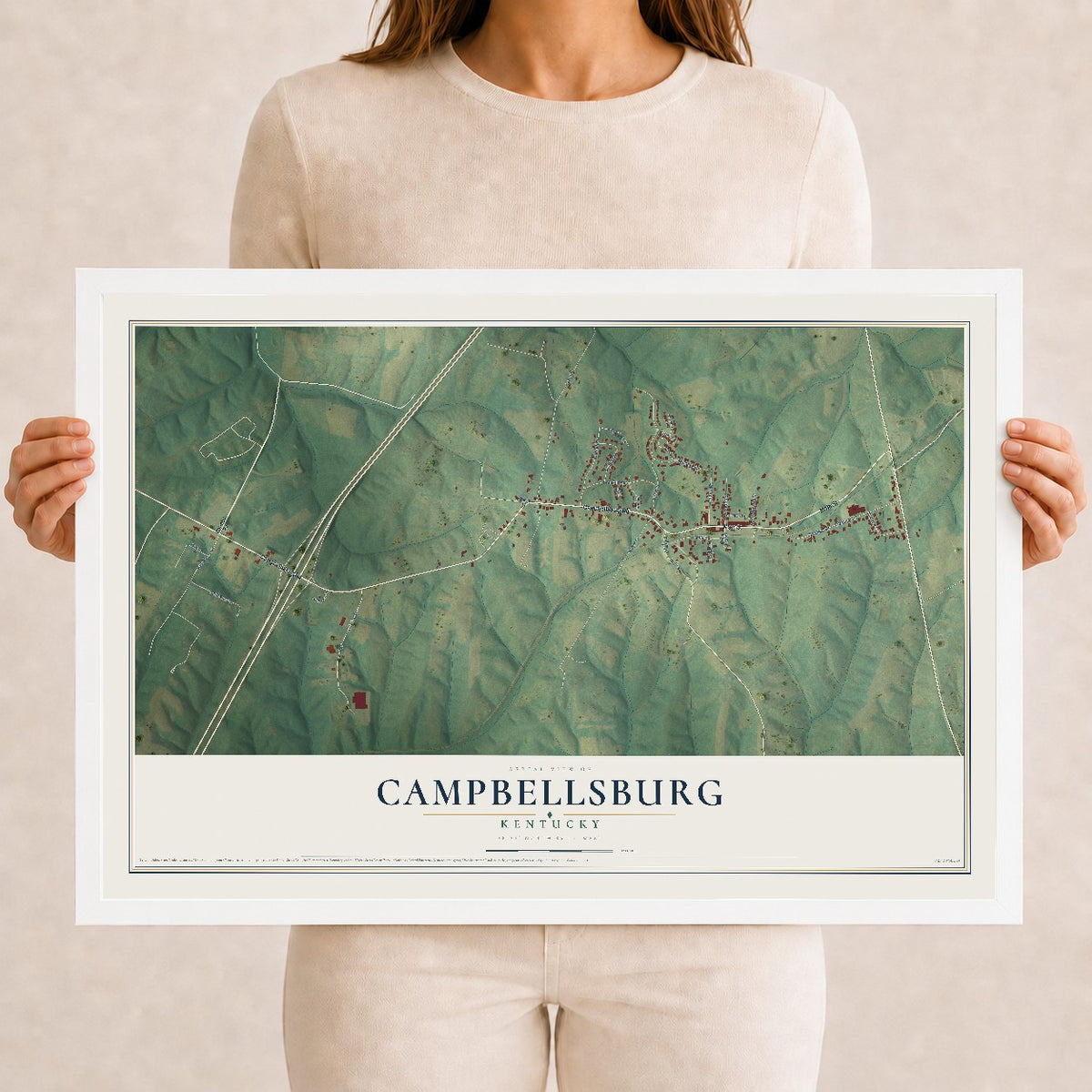 Map of Campbellsburg, Kentucky, 12 x 18 inch print in a white wood frame