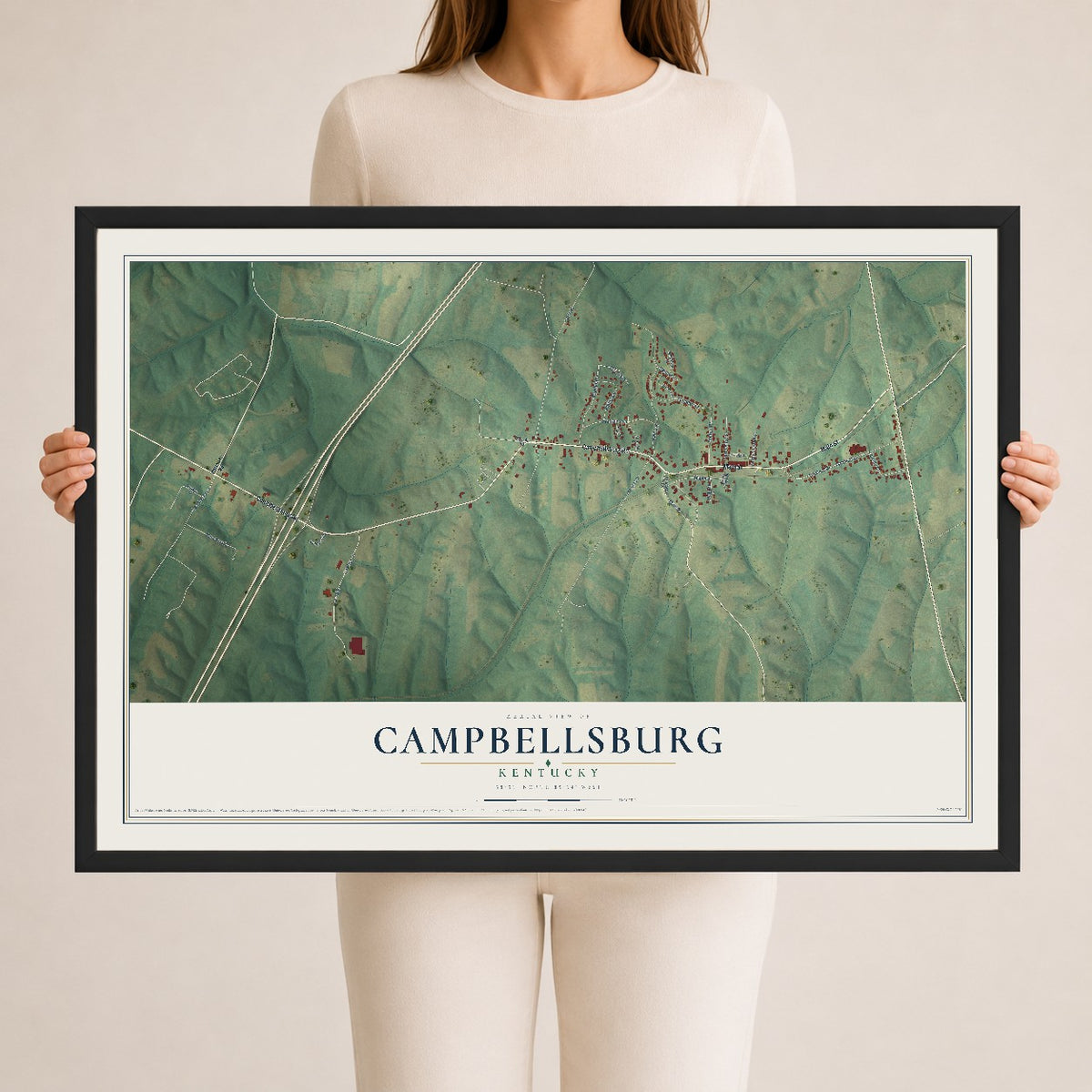 Map of Campbellsburg, Kentucky, 24 x 36 inch print in a black wood frame