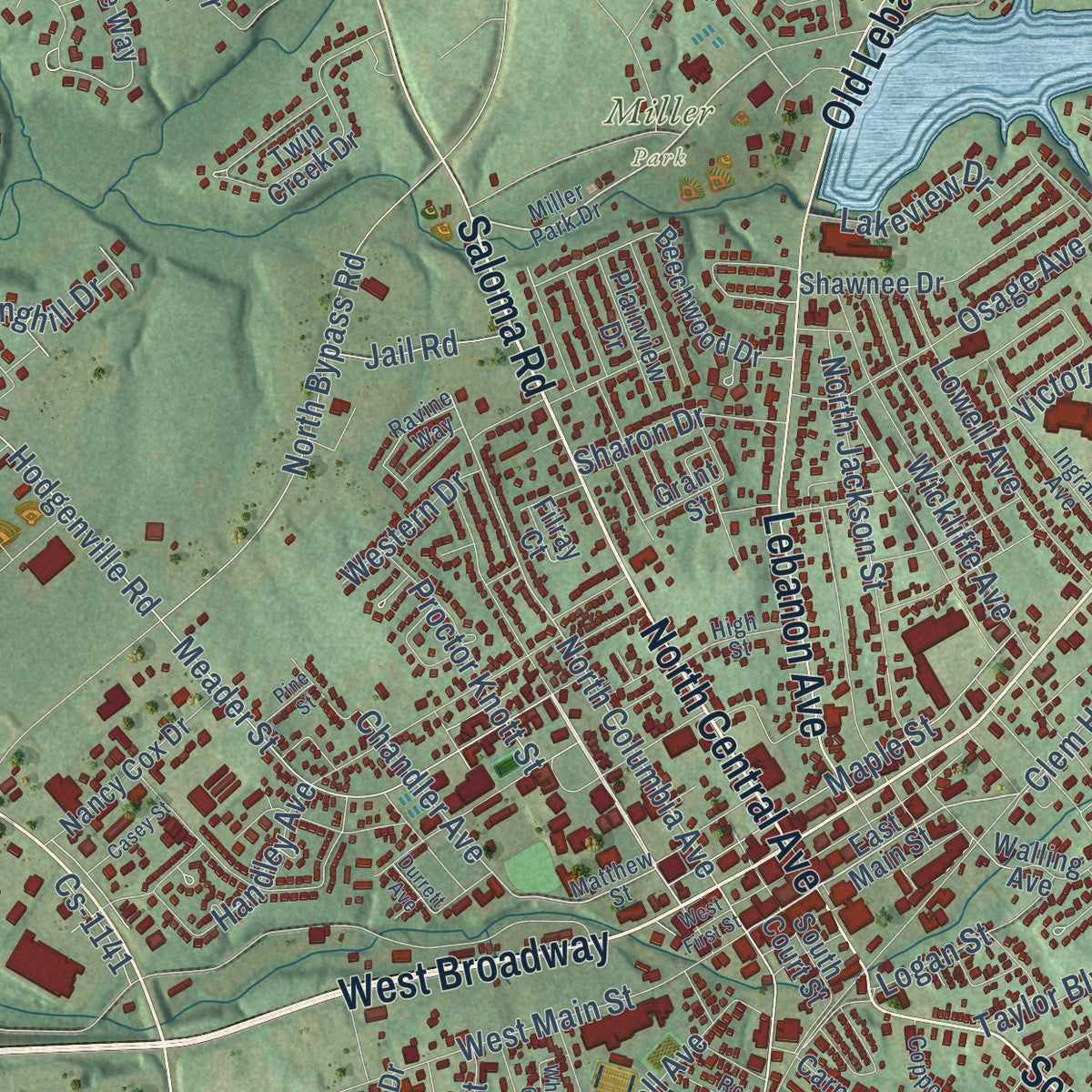 Close-up of the map of Campbellsville, Kentucky print showing street and building detail